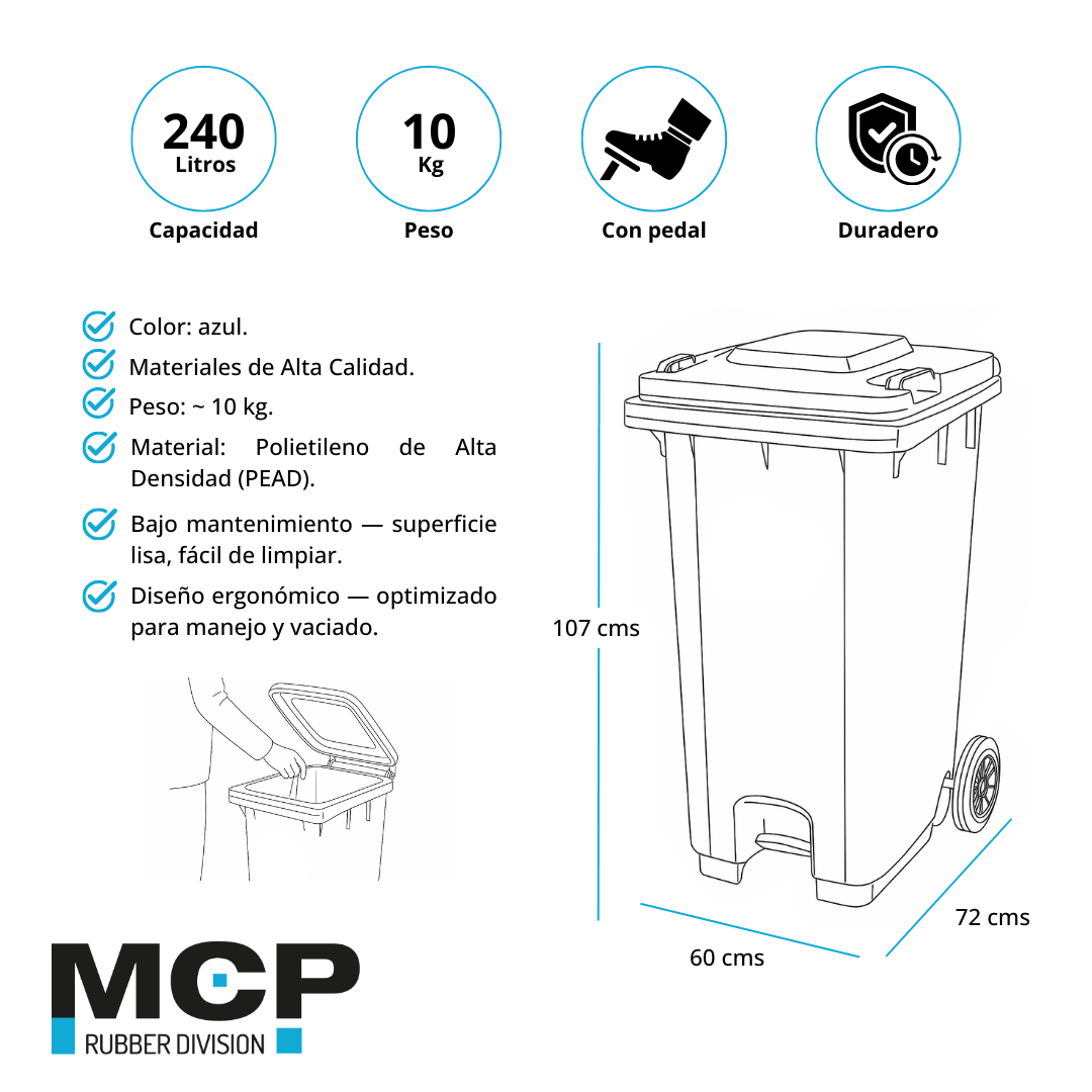 Contenedor de Basura de 240 Litros con Pedal Azul - MCP Rubber Division