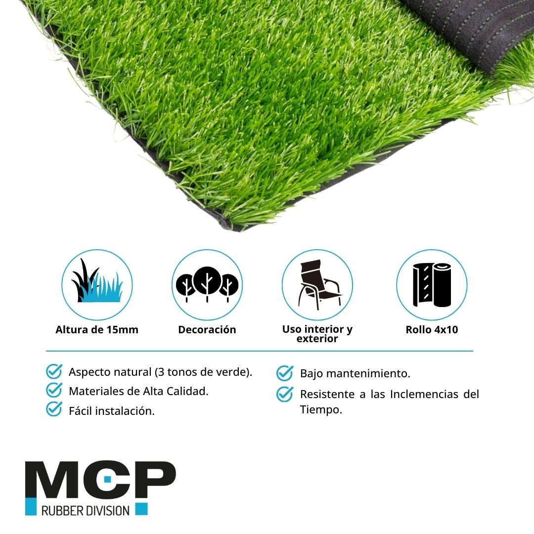 Pasto Sintético 3 Tonos de Verde de 15mm 4x10 metros - MCP Rubber Division