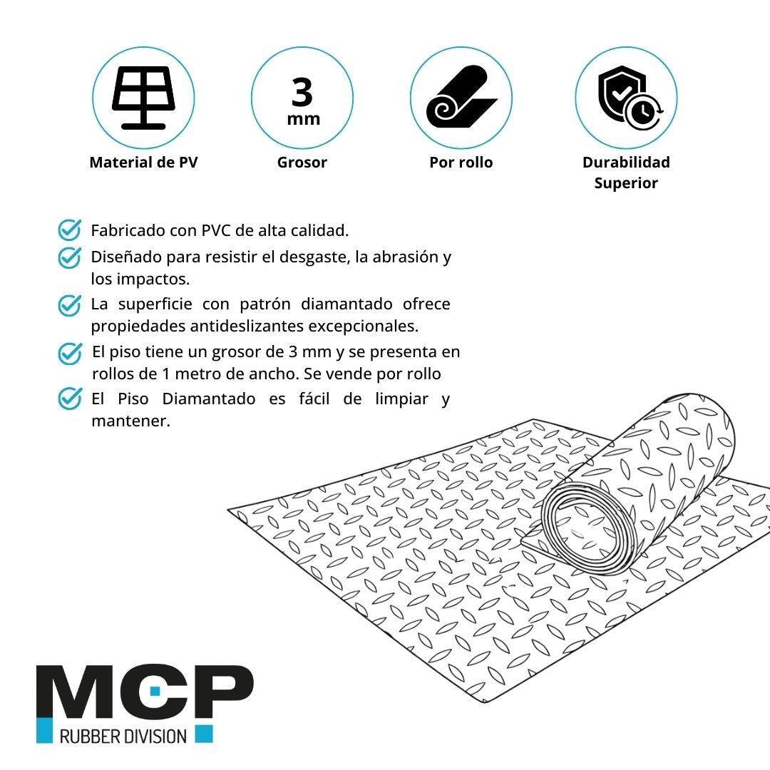 Piso Diamantado Negro 3mm x 1x20 metros. - MCP Rubber Division