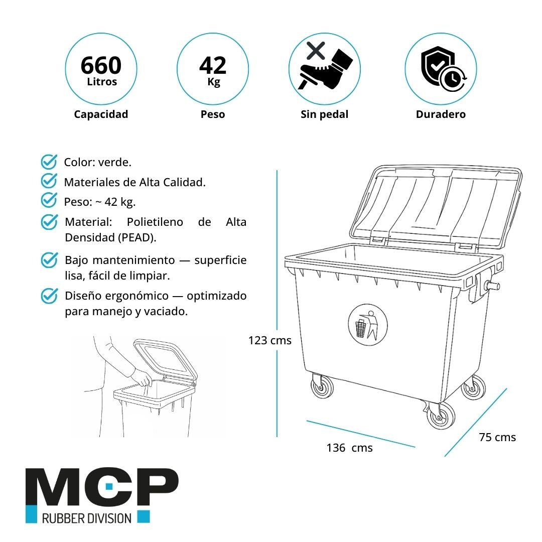 Contenedor de Basura 660 Litros Verde sin Pedal - MCP Rubber Division