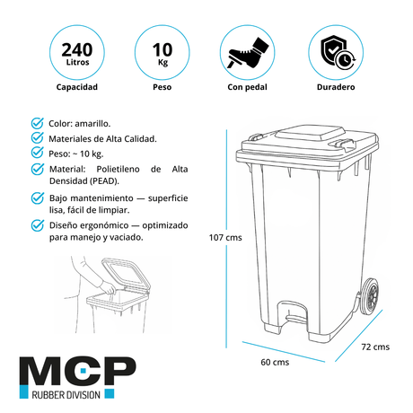 Contenedor de Basura de 240 Litros con Pedal Amarillo - MCP Rubber Division