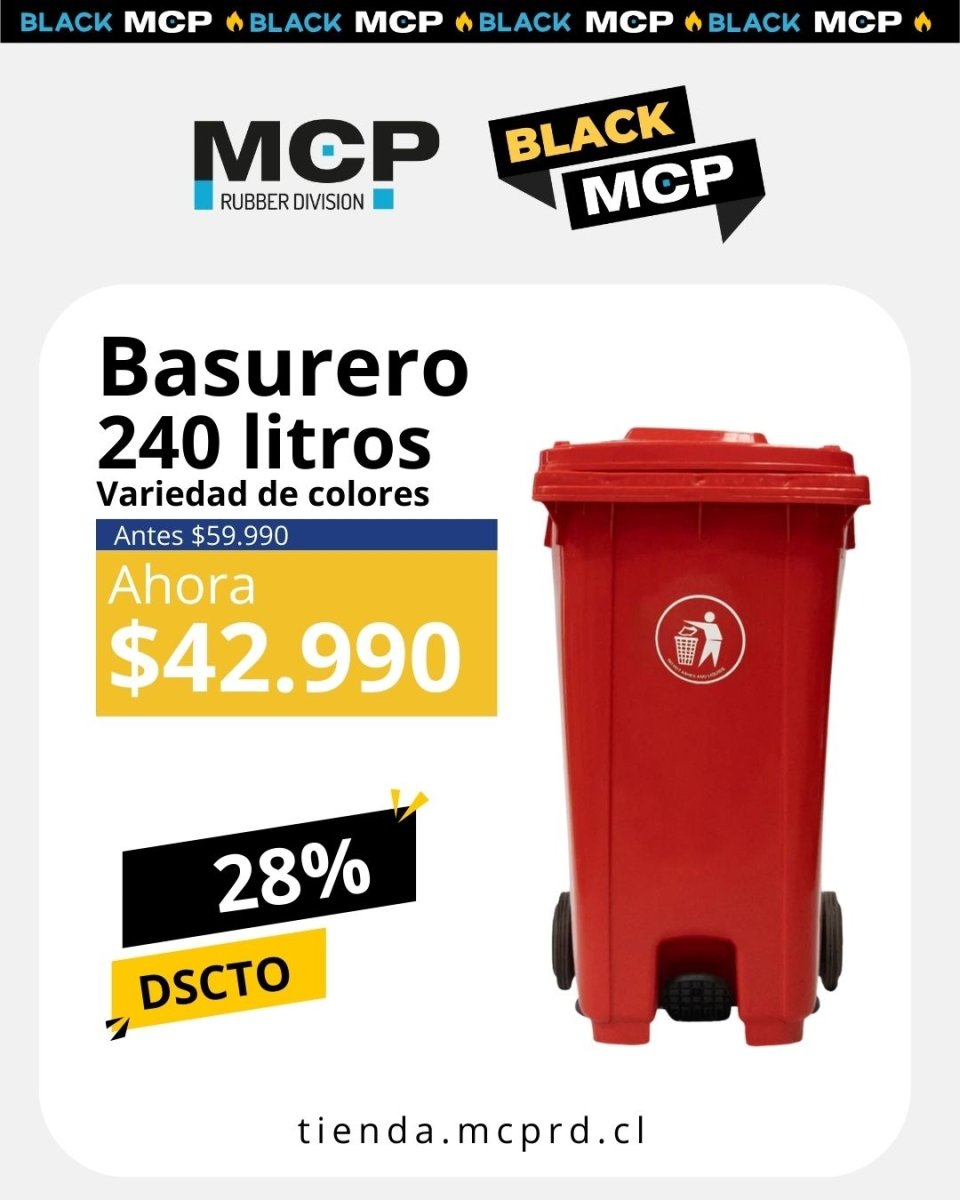 Contenedor de Basura de 240 Litros con Pedal Rojo - MCP Rubber Division