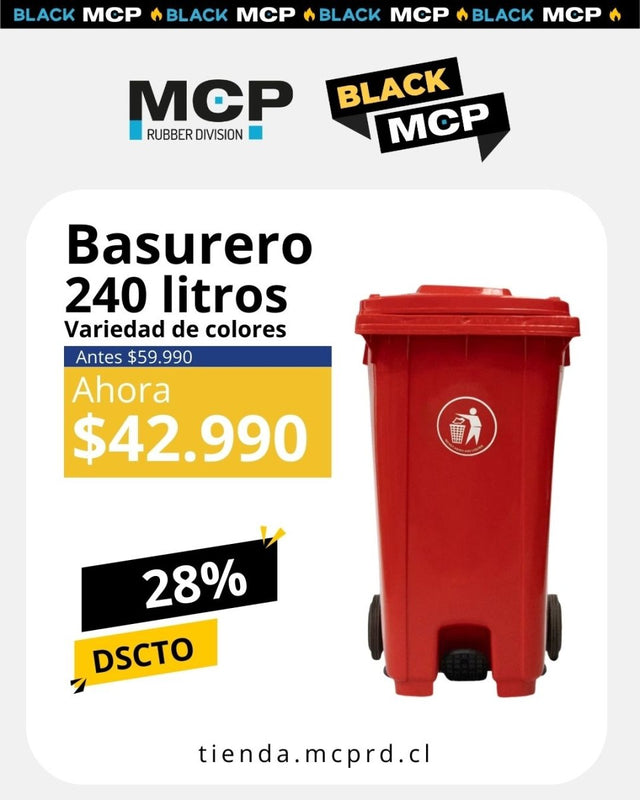 Contenedor de Basura de 240 Litros con Pedal Rojo - MCP Rubber Division