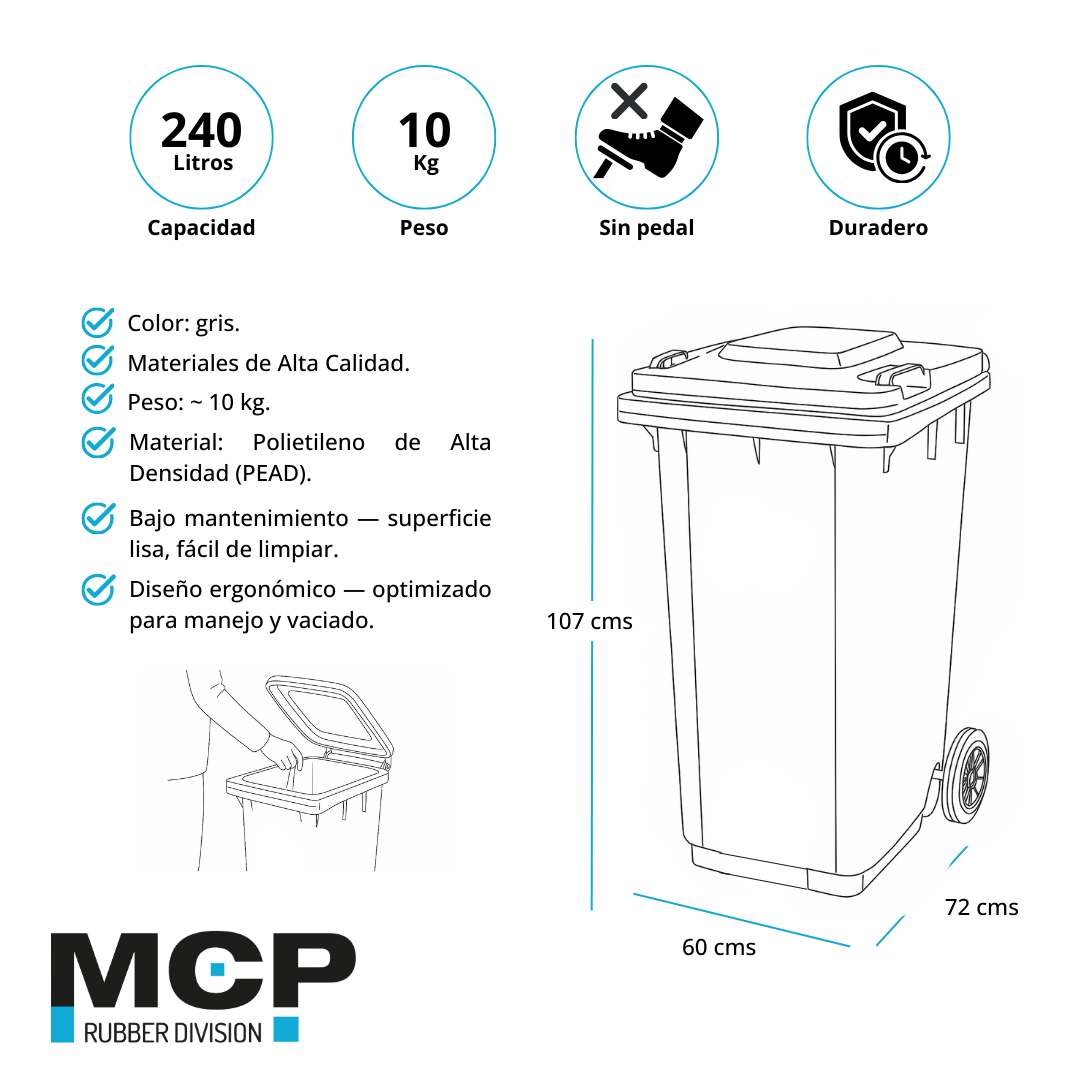 Contenedor de Basura de 240 Litros Gris - MCP Rubber Division