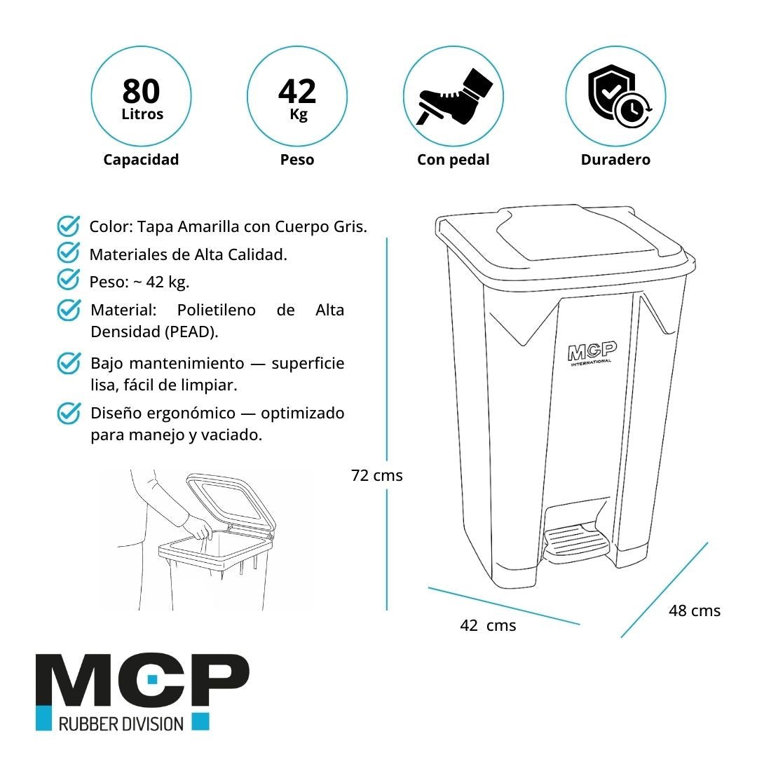 Contenedor de Basura Gris con Tapa Amarilla y Pedal 80 litros. - MCP Rubber Division