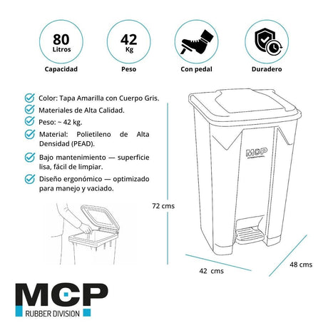 Contenedor de Basura Gris con Tapa Amarilla y Pedal 80 litros. - MCP Rubber Division