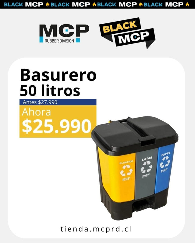 Contenedor de Reciclaje 50 Litros con 3 Compartimentos – Separación Ecológica y Eficiente - MCP Rubber Division