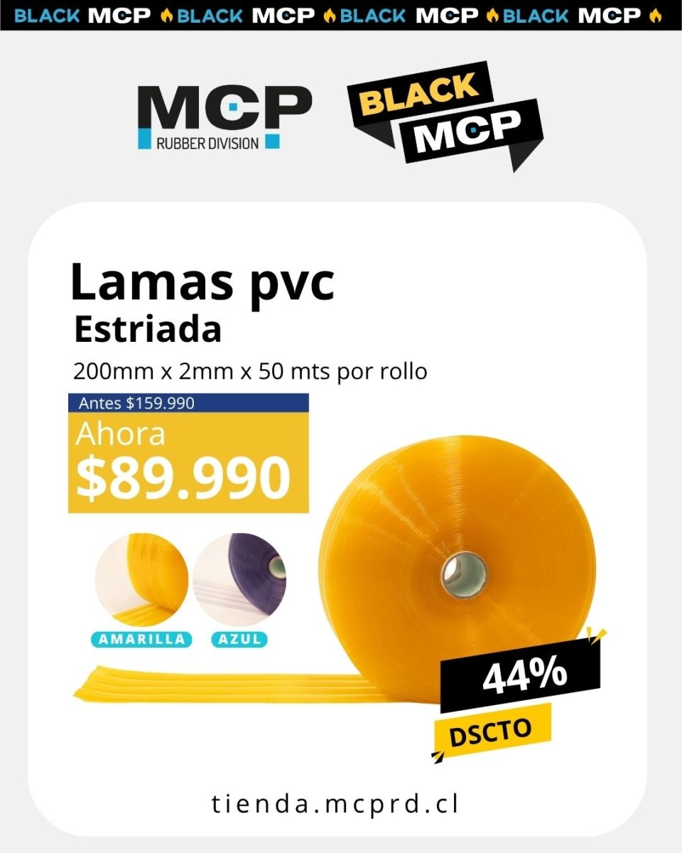 Lama PVC Estriada Amarilla 200mm x 2mm x 50 metros - MCP Rubber Division