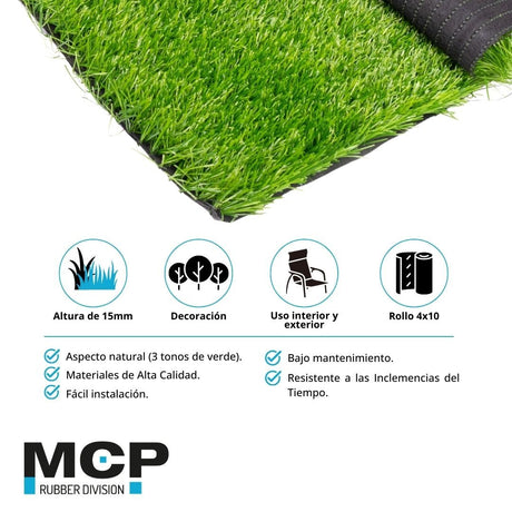 Pasto Sintético 3 Tonos de Verde de 15mm 4x10 metros - MCP Rubber Division