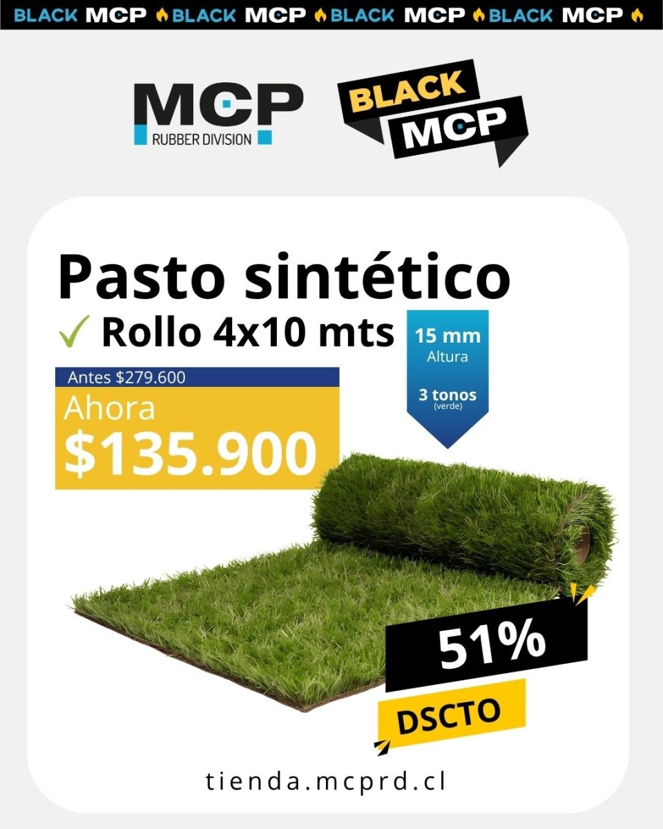 Pasto Sintético 3 Tonos de Verde de 15mm 4x10 metros - MCP Rubber Division