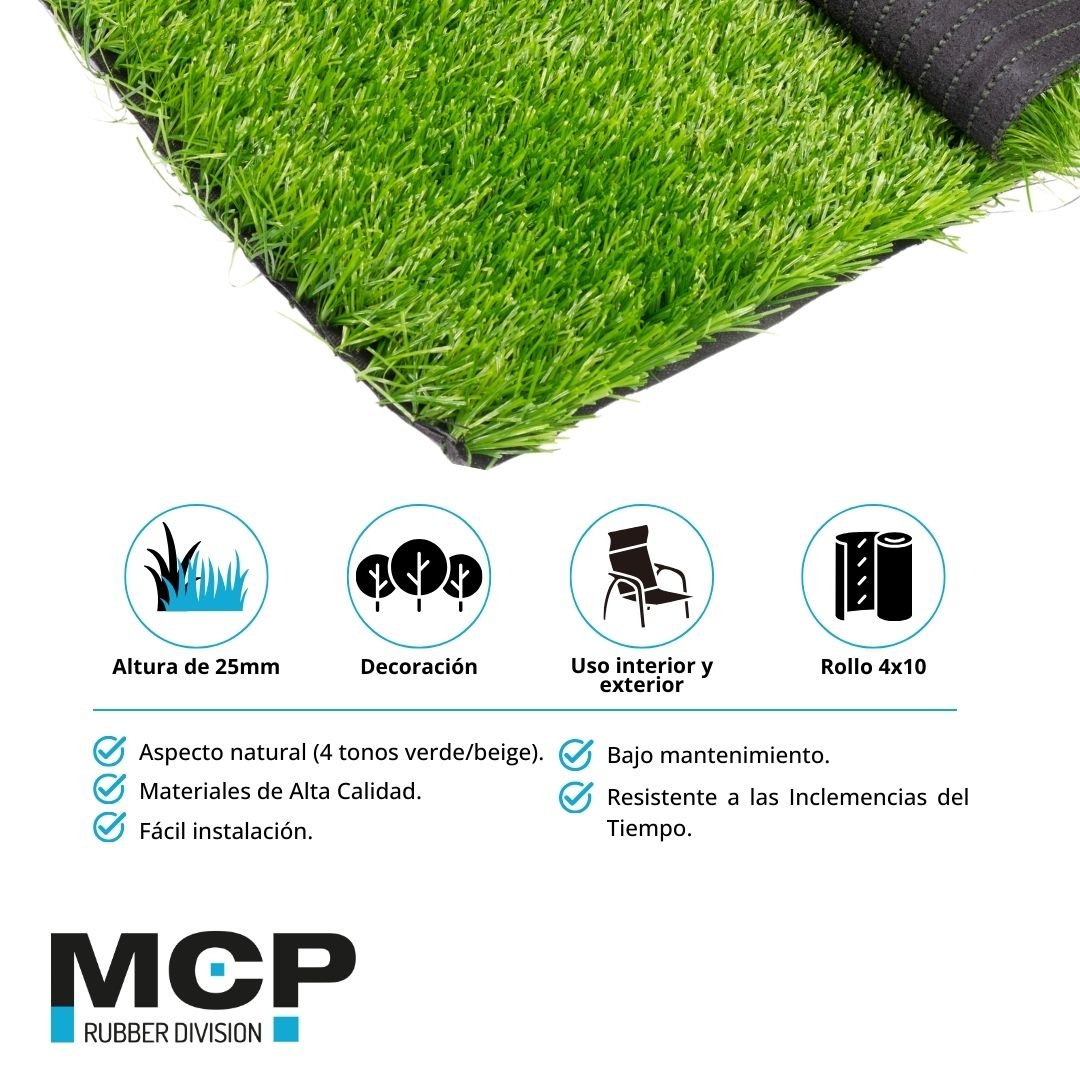 Pasto Sintético 4 tonos de Verde/Beige en 25mm 4x10 metros - MCP Rubber Division