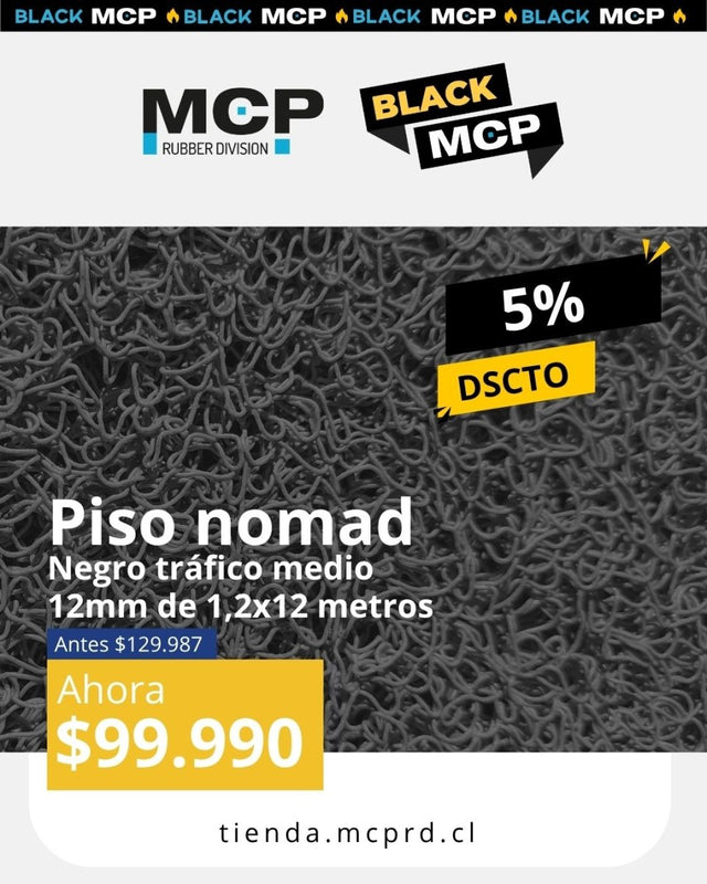 Piso Nomad Negro Trafico Medio 12mm x 1,2m x 12 metros - MCP Rubber Division